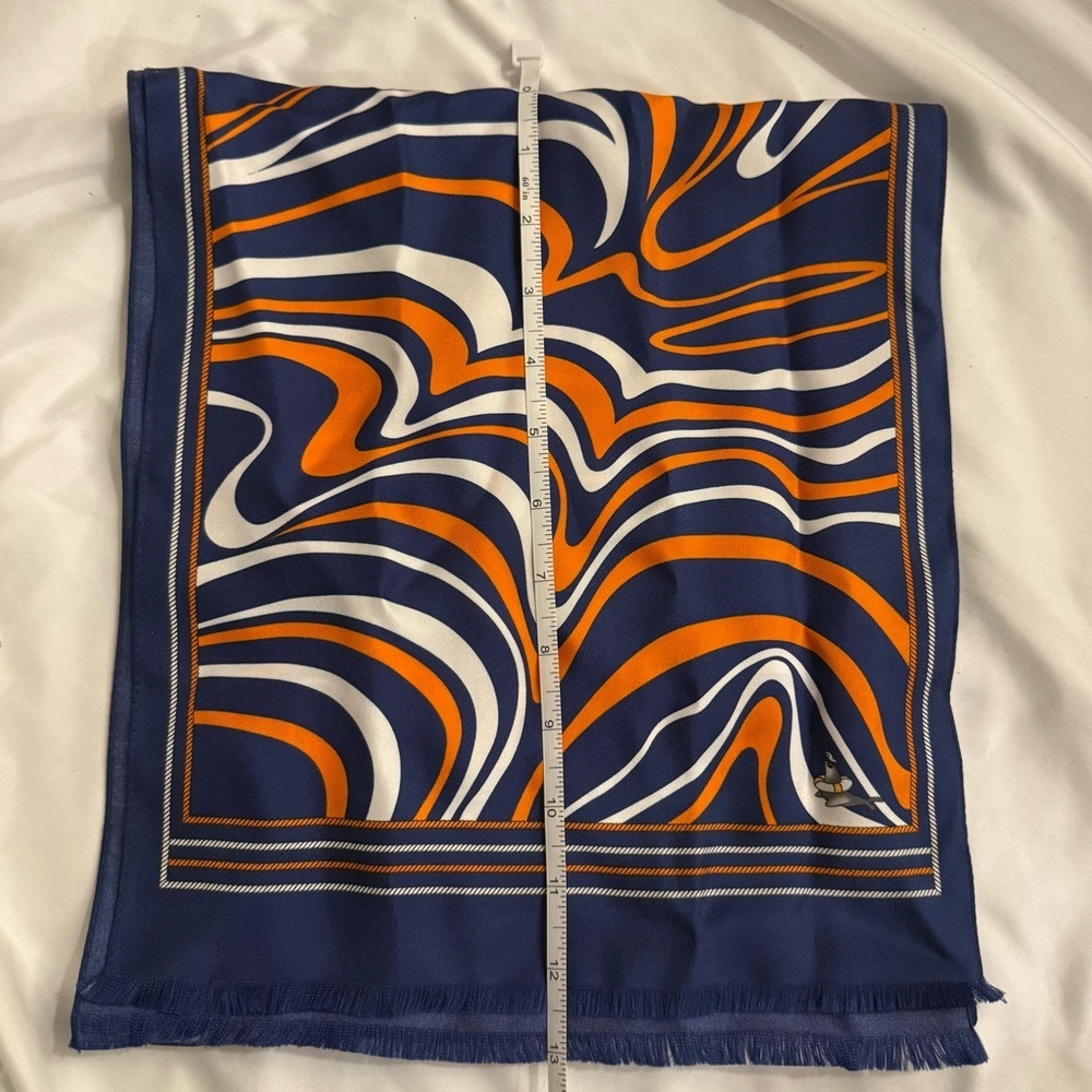 NWOT Vakko 100% Silk Abstract Swirl Print Scarf in Blue, Orange, and White - Picture 4 of 8